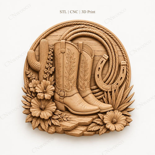 CNC & impression 3D bottes cowboy avec fer à cheval et cactus, fichier STL très haute qualité