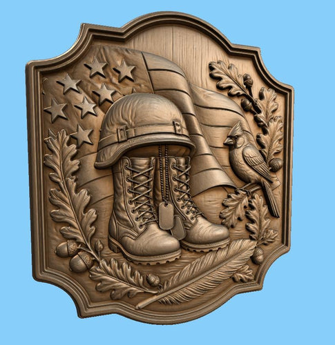 CNC & impression 3D relief bottes militaires avec drapeau et cardinal, fichier STL très haute qualité