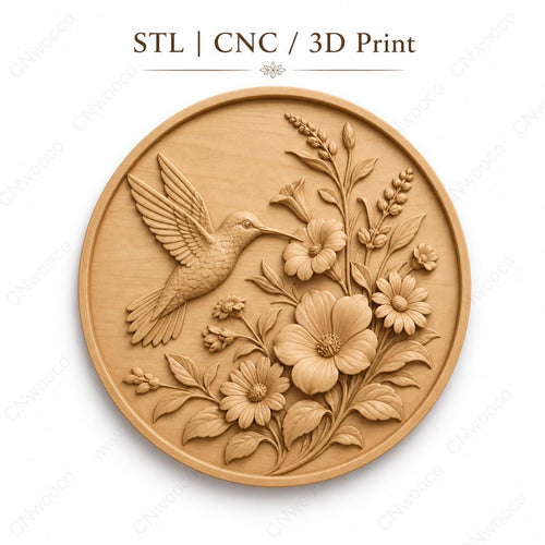 CNC & impression 3D relief colibri avec fleurs, décor floral nature, fichier STL très haute qualité