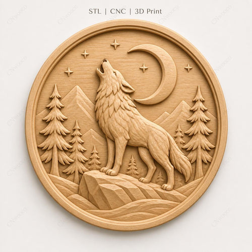 CNC & impression 3D loup hurlant à la lune, STL de haute qualité pour sculpture bois wildlife