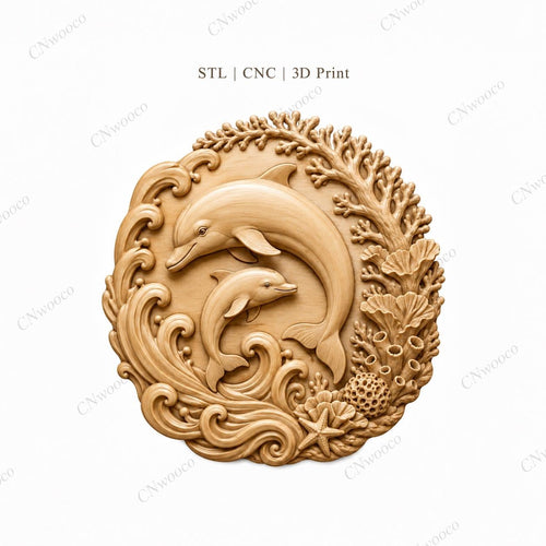 CNC & impression 3D dauphins avec vagues et coraux, fichier STL très haute qualité