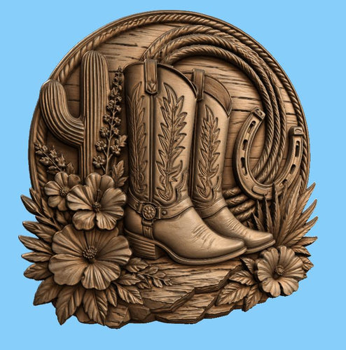 CNC & impression 3D bottes cowboy avec fer à cheval et cactus, fichier STL très haute qualité