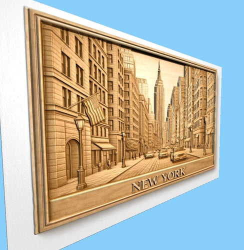 Fichier CNC New York bas-relief 3D, décoration murale bois ville, sculpture bois, modèle gravure 3D STL