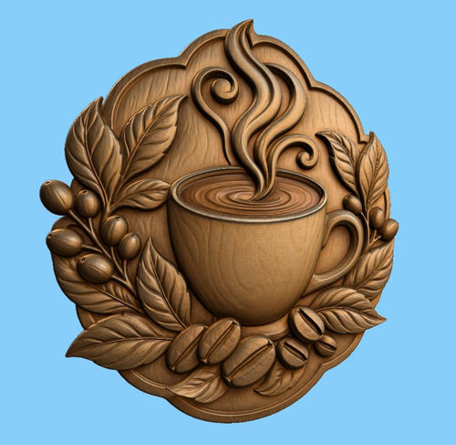 CNC & impression 3D relief tasse de café avec grains et feuilles, fichier STL très haute qualité