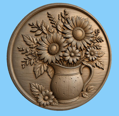 CNC & impression 3D relief tournesols en pichet, décor floral farmhouse, fichier STL très haute qualité