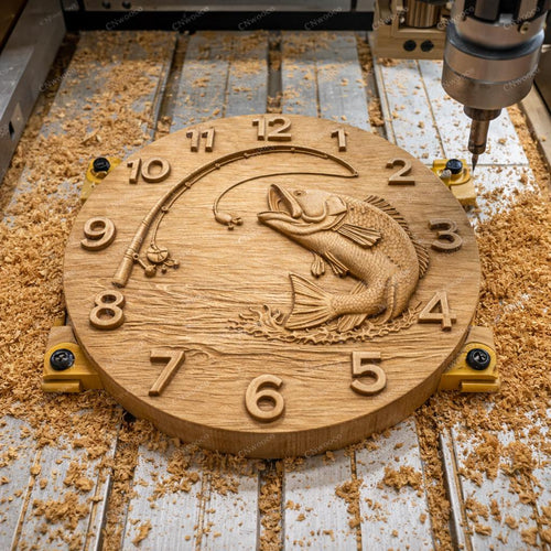 Fichier CNC horloge pêche bass – bas-relief poisson pour sculpture bois, décoration murale pêcheur STL
