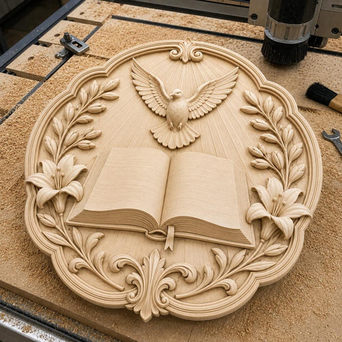 CNC & impression 3D relief colombe du Saint-Esprit avec livre ouvert, fichier STL très haute qualité