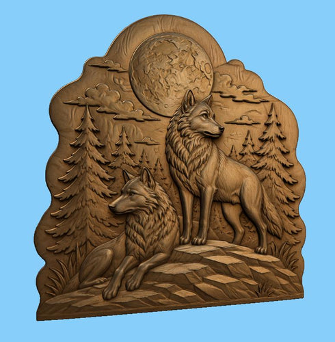 CNC & impression 3D relief loups dans la forêt avec lune, décoration wildlife pour gravure bois, STL de haute qualité