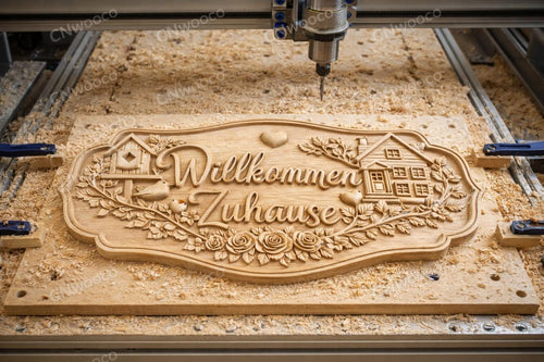 Fichier CNC panneau Bienvenue à la maison – bas-relief bois avec nichoir et cottage pour sculpture CNC, décoration murale STL