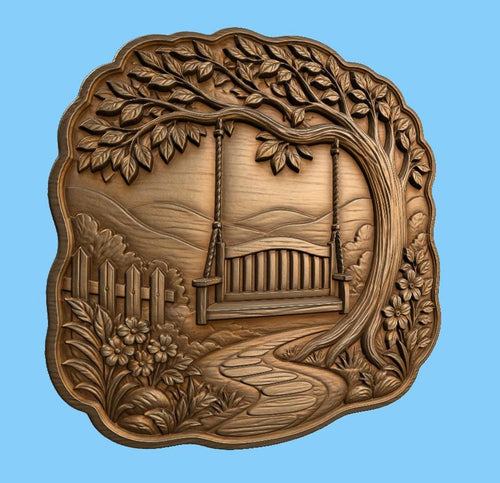 CNC & impression 3D relief balançoire de jardin sous arbre fleuri, fichier STL très haute qualité