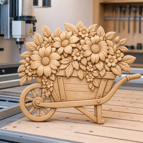 CNC & impression 3D relief brouette remplie de fleurs, décoration jardin floral, fichier STL très haute qualité