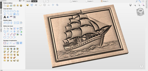 Fichier CNC voilier ancien, bas-relief bateau vintage, décoration murale nautique, sculpture bois, modèle gravure 3D STL