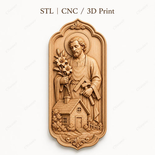 CNC & impression 3D relief Saint Joseph charpentier avec maison, fichier STL très haute qualité