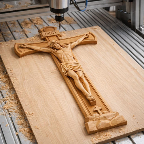 Fichier CNC & impression 3D crucifix Jésus INRI – bas-relief croix chrétienne pour sculpture bois, décoration murale religieuse STL