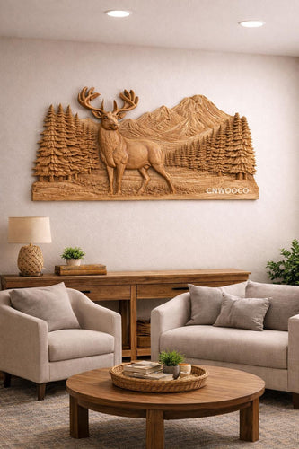 Fichier CNC cerf montagne panorama, bas-relief bois wildlife, décoration murale nature, sculpture bois, modèle gravure 3D STL