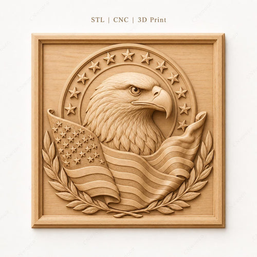 CNC & impression 3D relief aigle américain avec drapeau, décor patriotique, fichier STL très haute qualité
