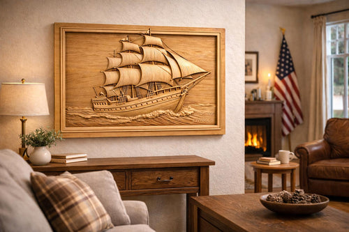 Fichier CNC voilier ancien, bas-relief bateau vintage, décoration murale nautique, sculpture bois, modèle gravure 3D STL