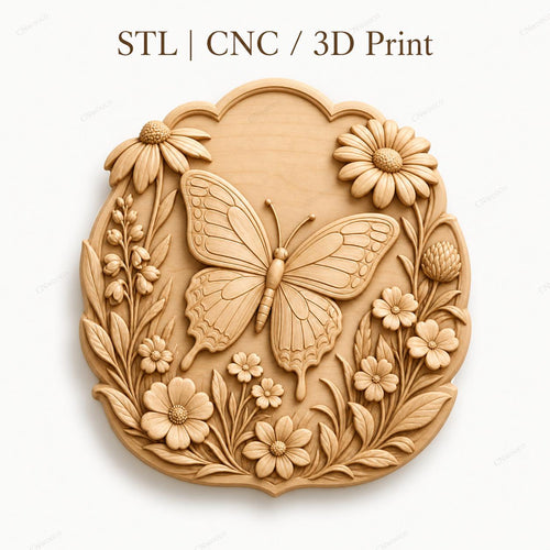 CNC & impression 3D relief papillon avec fleurs, décor floral élégant, fichier STL très haute qualité