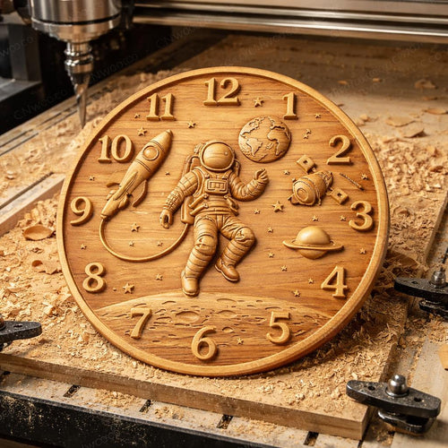 Fichier CNC horloge astronaute espace – bas-relief bois pour sculpture CNC, décoration murale thème spatial STL