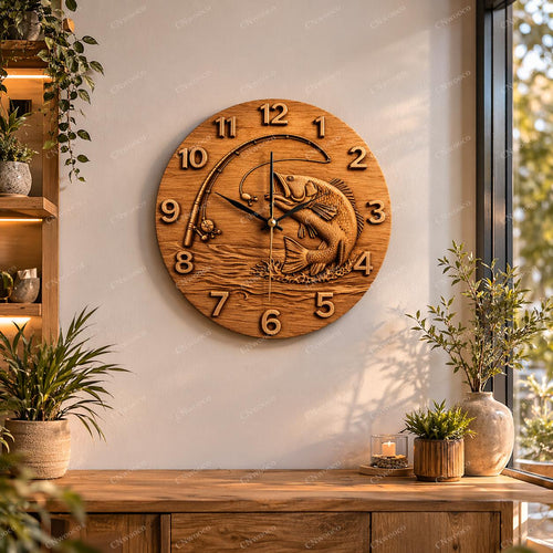 Fichier CNC horloge pêche bass – bas-relief poisson pour sculpture bois, décoration murale pêcheur STL