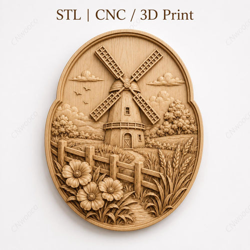 CNC & impression 3D relief moulin champêtre avec clôture et fleurs, fichier STL très haute qualité