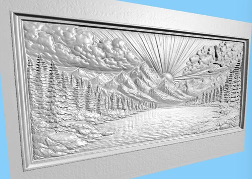 Fichier CNC paysage montagne lac, bas-relief nature bois, décoration murale naturelle, sculpture bois, modèle gravure 3D STL
