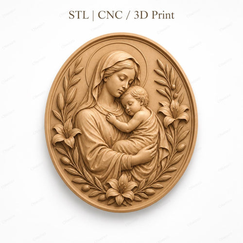 CNC & impression 3D relief Vierge à l’enfant avec lys, fichier STL très haute qualité