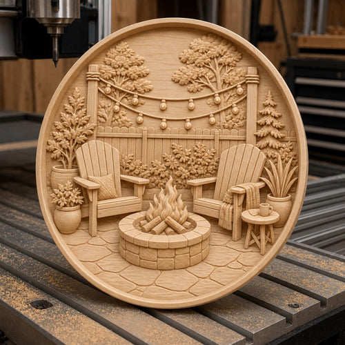 CNC & impression 3D relief patio avec brasero et fauteuils, décor extérieur cosy, fichier STL très haute qualité