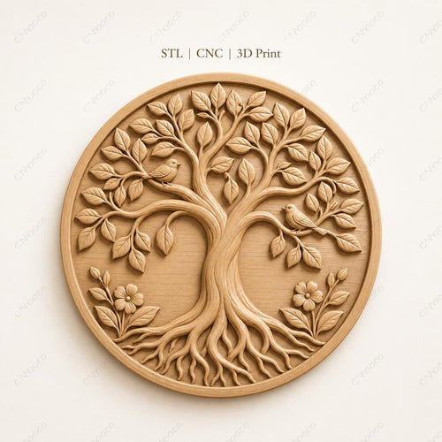 CNC & impression 3D relief arbre de vie avec oiseaux, décor nature familial, fichier STL très haute qualité