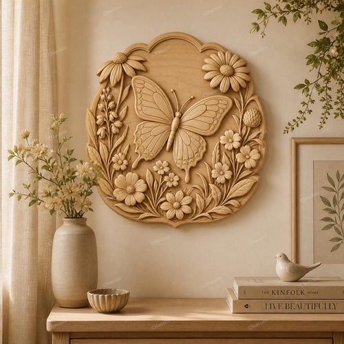 CNC & impression 3D relief papillon avec fleurs, décor floral élégant, fichier STL très haute qualité
