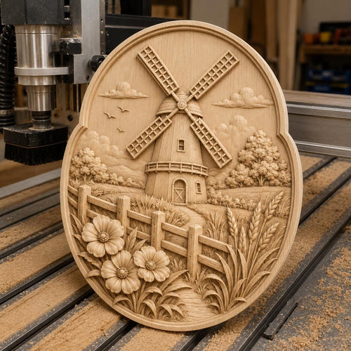 CNC & impression 3D relief moulin champêtre avec clôture et fleurs, fichier STL très haute qualité