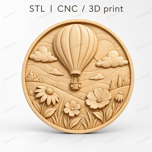 CNC & impression 3D relief montgolfière au-dessus d’un paysage fleuri, fichier STL très haute qualité