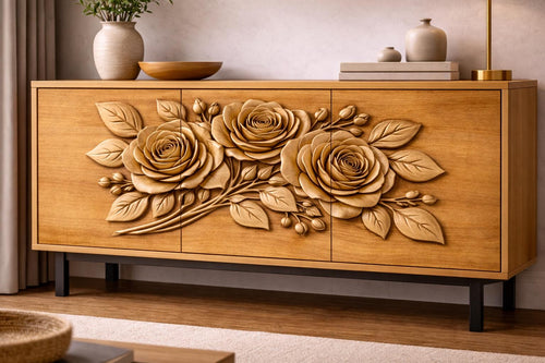 Fichier CNC panneau texture bois florale – bas-relief motif nature pour sculpture bois, design façade meuble et décoration murale STL
