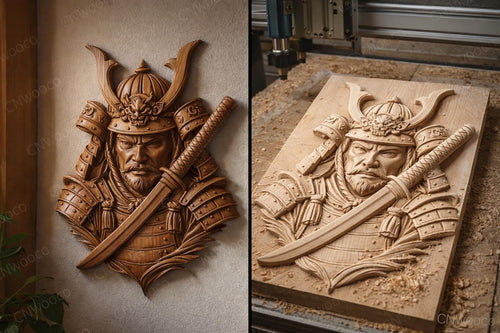 Fichier CNC samouraï armure japonaise, bas-relief bois warrior, décoration murale asiatique, sculpture bois, modèle gravure 3D STL