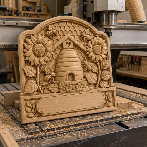 CNC & impression 3D relief ruche avec abeilles et tournesols, plaque beekeeper pour gravure bois, STL de haute qualité, à personnaliser