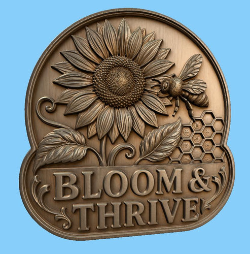 CNC & impression 3D relief Bloom et Thrive avec tournesol et abeille, fichier décoratif pour gravure bois, STL de haute qualité