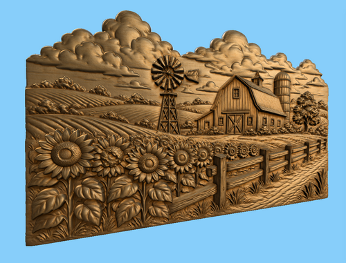 CNC & impression 3D scène de ferme avec tournesols, grange et moulin, relief bois mural fichier STL très haute qualité