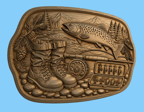 CNC & impression 3D relief pêche à la truite, fly fishing, décor pêcheur, fichier STL très haute qualité