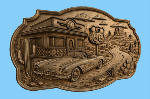 CNC & impression 3D relief Route 66 western, diner rétro, voiture classique et désert américain, fichier STL très haute qualité
