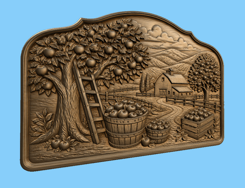 CNC & impression 3D relief verger de pommes, ferme rustique, panneau bois décoratif, fichier STL très haute qualité
