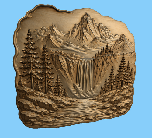 CNC & impression 3D relief montagne cascade, fichier pour sculpture bois, paysage nature forêt STL très haute qualité