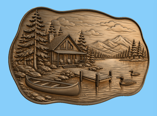 CNC & impression 3D chalet au bord du lac, relief bois nature cabine montagne canoë, fichier STL très haute qualité