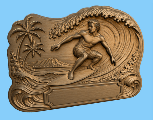 CNC & impression 3D relief surfeur vague tropicale à personnaliser, déco surf plage, STL très haute qualité