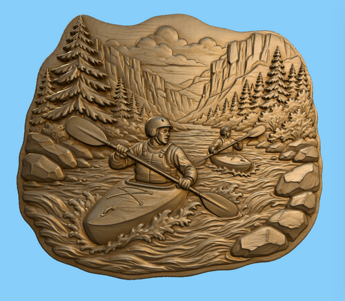 CNC & impression 3D relief kayak en rivière, rapides, montagnes et forêt, fichier STL très haute qualité