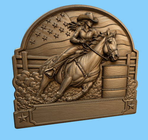 CNC & impression 3D relief cowgirl barrel racing à personnaliser, cheval western, STL très haute qualité