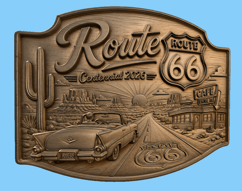 CNC & impression 3D relief Route 66 Centennial 2026, voiture classique, café drive-in, désert, fichier STL
