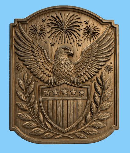 CNC & impression 3D relief aigle américain, blason USA, étoiles et feux d’artifice, sculpture bois fichier STL haute qualité