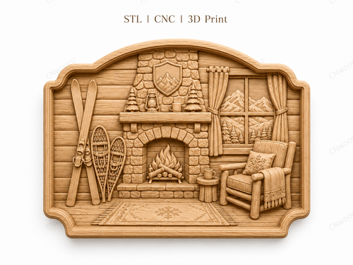 CNC & impression 3D chalet d’hiver avec cheminée, skis, raquettes et décor montagne, fichier STL très haute qualité