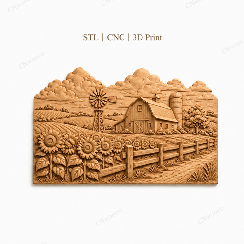 CNC & impression 3D scène de ferme avec tournesols, grange et moulin, relief bois mural fichier STL très haute qualité