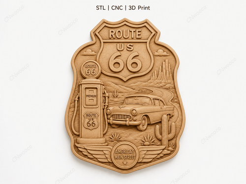 Route 66 plaque murale western CNC & impression 3D, fichier STL bas-relief bois vintage Americana